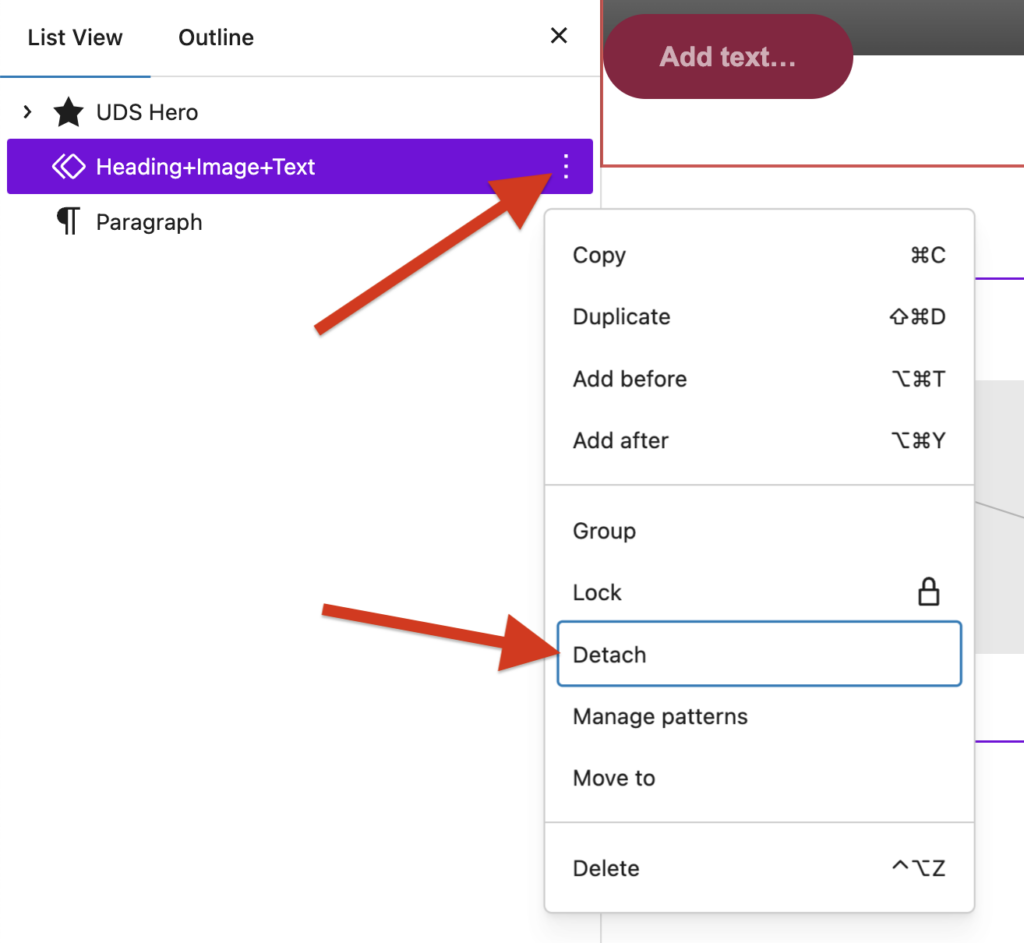A screenshot of WordPress List View with arrows highlighting a synched pattern and Detach option from the expanded three dot menu.