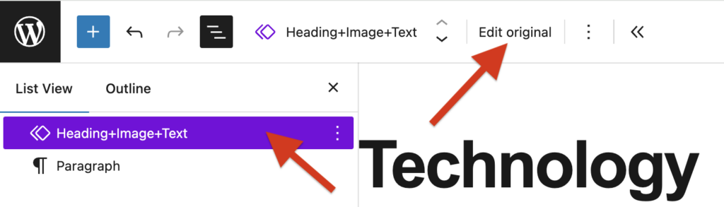 A screenshot of WordPress page with a selected synched pattern with an arrow pointing to "Edit original" on the Top toolbar.