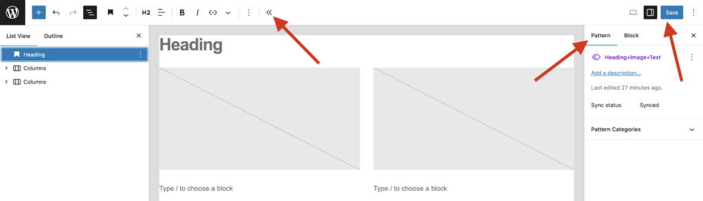 A screenshot of synched pattern editor screen with arrows pointing to the "Save" button, "Pattern" and "Hide block tools" button on the Top toolbar.