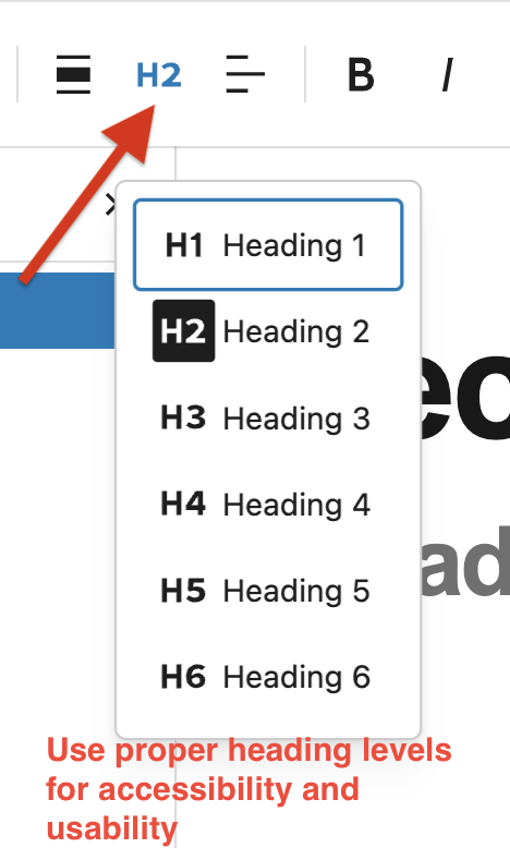 A WordPress page screenshot showing various Heading levels with text indicating to use proper heading levels for accessibility and usability.