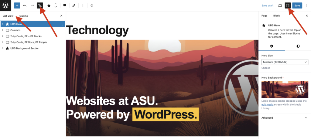 A screenshot of WordPress page with arrows pointing to the Document Overview tool, List View and an opened Setting panel on the right.