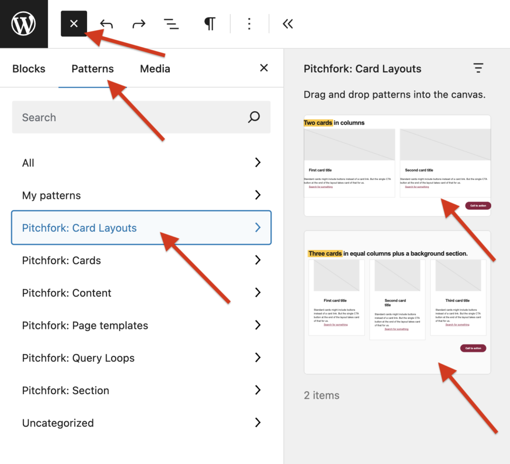 A screenshot of a WordPress page with an opened Patterns tab in the block inserter panel with arrows pointing the Pitchfork: Card Layouts and pre designed card layout options.