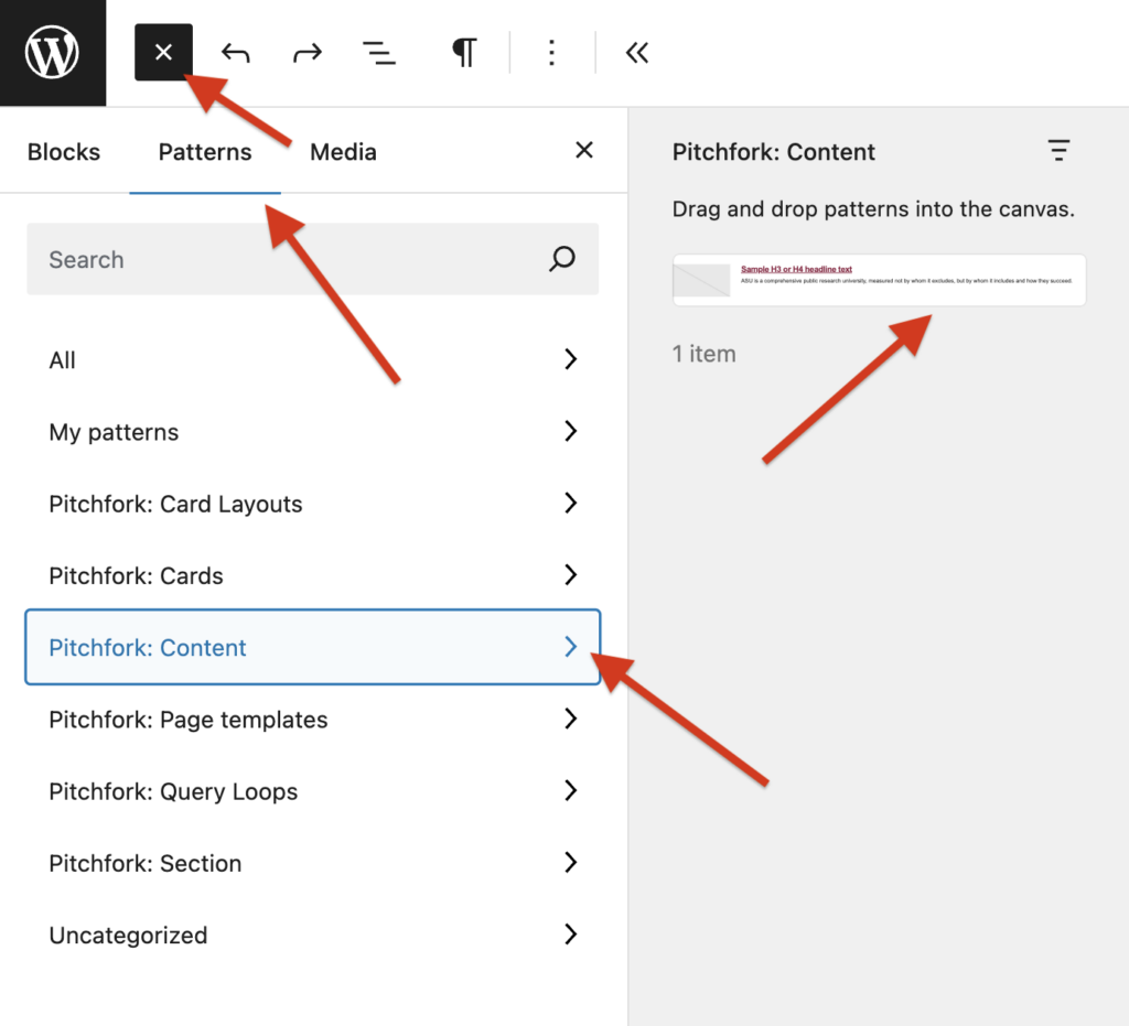 A screenshot of a WordPress page with an opened Patterns tab in the block inserter panel with arrows pointing the Pitchfork: Content and pre designed content layout.