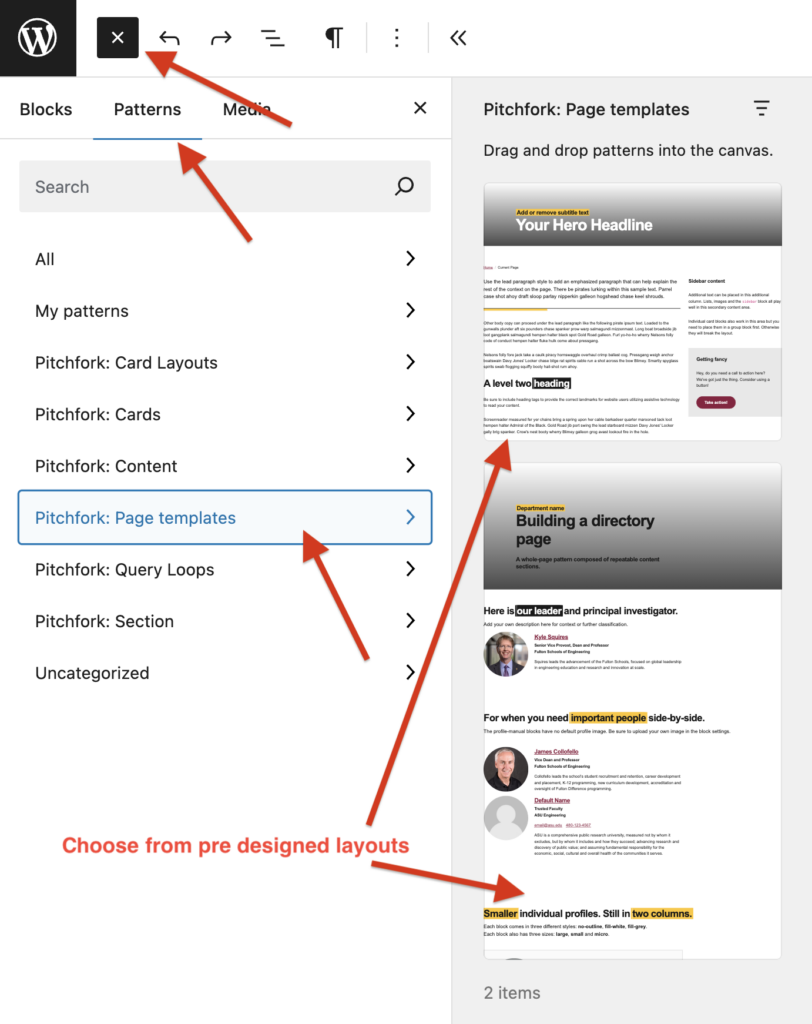 A screenshot of a WordPress page with an opened Patterns tab in the block inserter panel with arrows pointing the Pitchfork: Page templates and pre designed layouts.