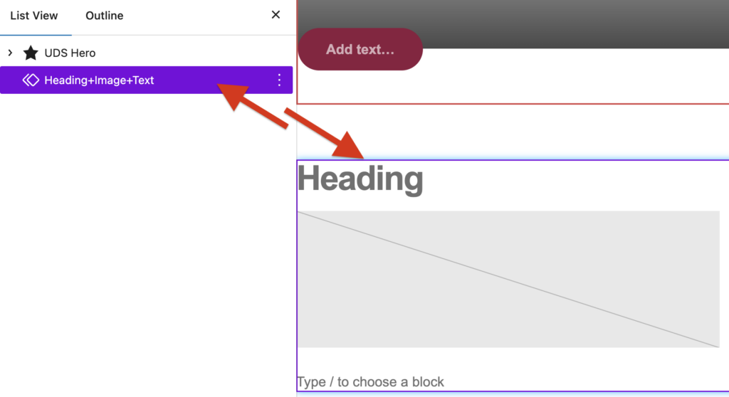 A screenshot of WordPress page with a selected synched pattern with an arrows pointing to the purple color of the synched pattern.