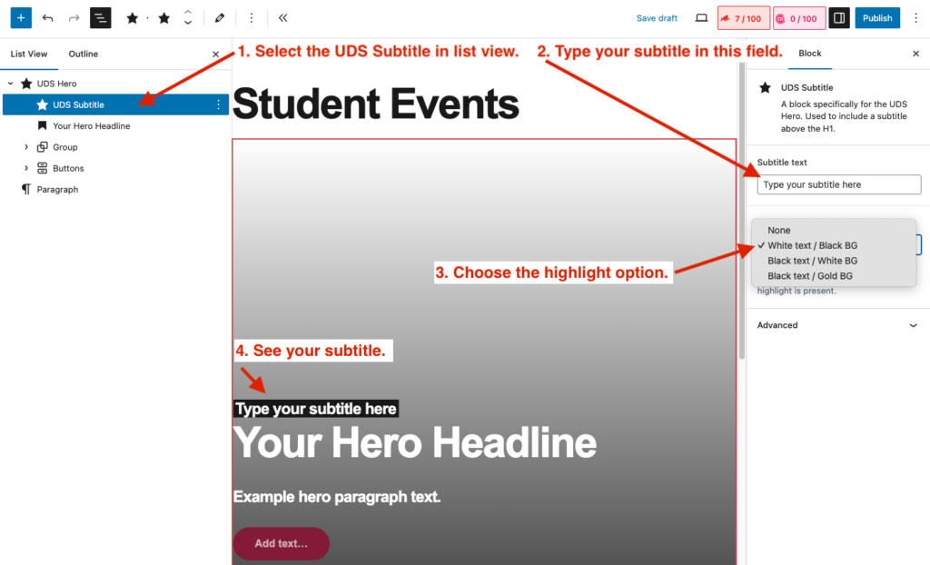 A screenshot of WordPress Hero block with arrows indicating UDS Subtitle.