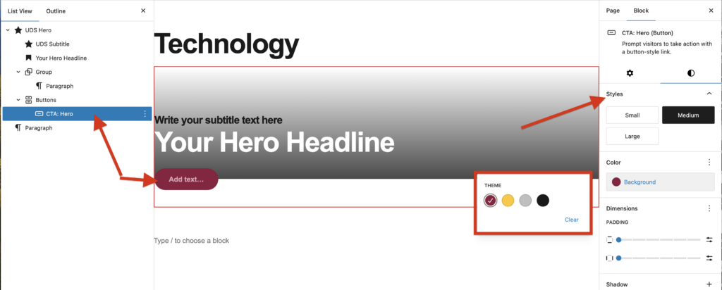 A screenshot of WordPressHero block with arrows pointing to the buttons in the block and the right side highlighting styling options for the buttons.