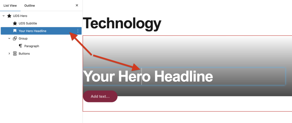 A screenshot of WordPress Hero block with arrows indicating Your Hero Headline.