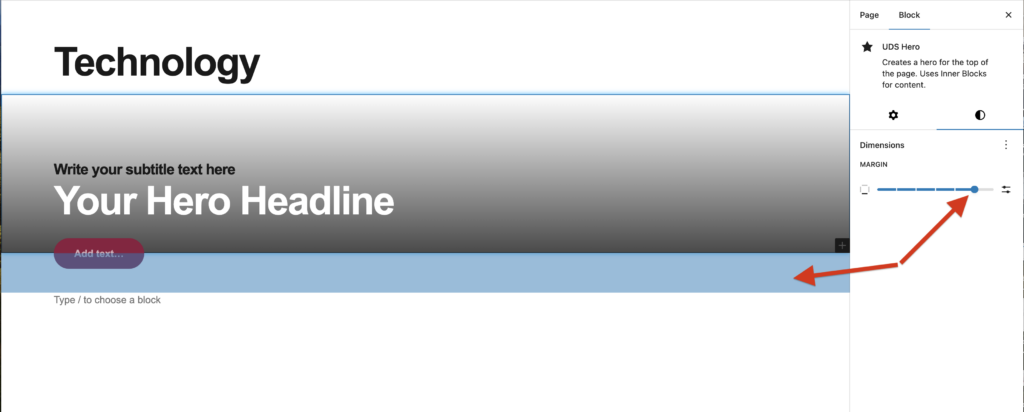 Screenshot of the styles tab for a UDS Hero block showing the large default bottom margin settings.
