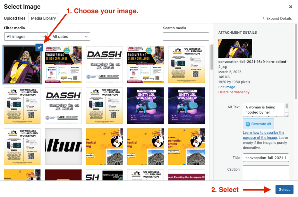 Screenshot of a WordPress media library with instructions to 1. Choose your image and 2. Click the Select button.