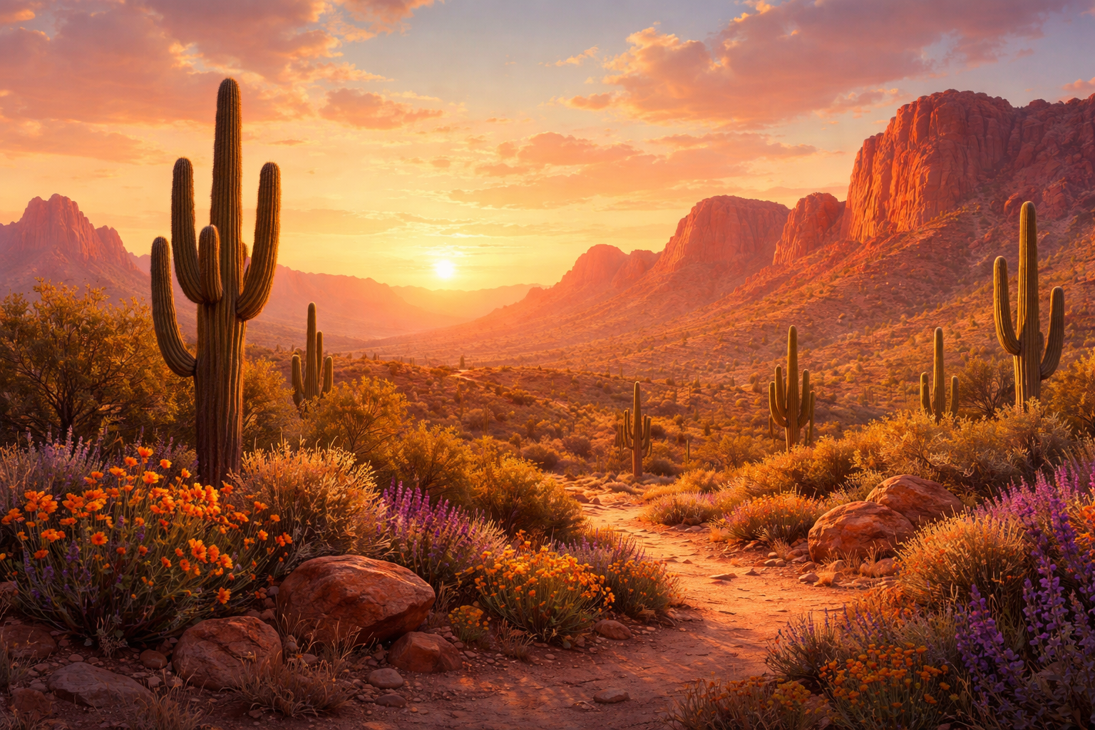 AI generated image of a desert sunset with some cacti in the background